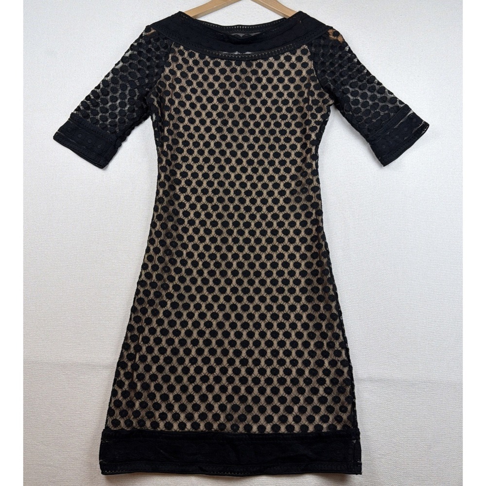 Max Studio Sheath Lace Cocktail Dress Size M‎ Nude Underlay Polka Dot Evening
